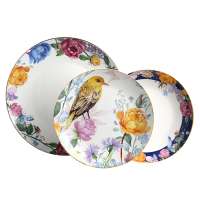 China supplier 12 piece luxury bird printed tableware crockery gold rim dinner set